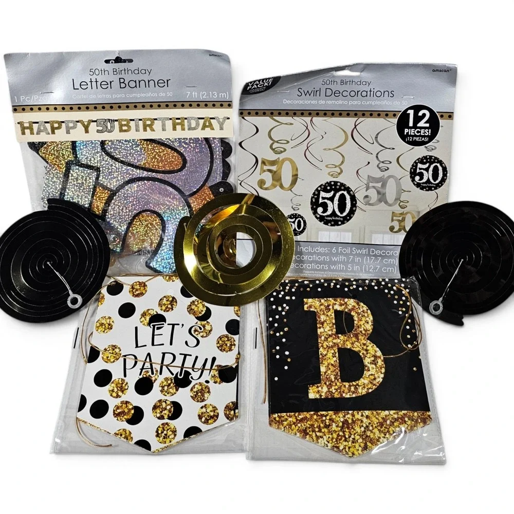 50th‎ Birthday Decorations Bundle Black Gold Party Supplies Balloons Banner Set